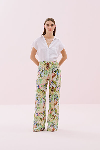 Roman Geniş Düz Paça Keten Pantolon Standart Renk Y2512029_089