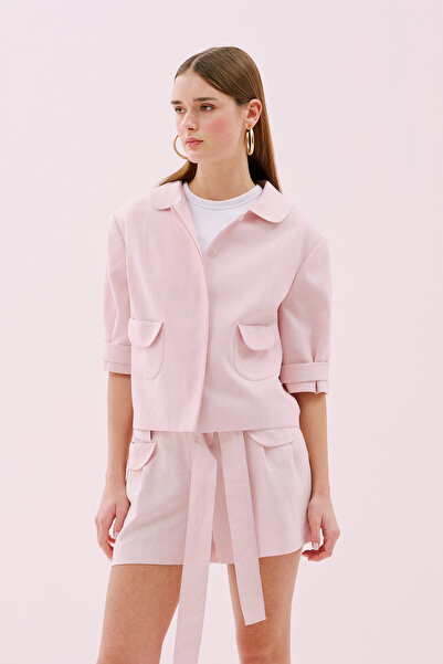 Roman Bebe Yaka Çift Cepli Truvakar Kol Keten Ceket Pembe Y2516006_038