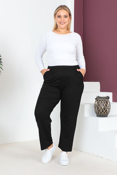 tarzımsüper Women's Large Size Comfort Model Elastic Waist Pocket Lycra and Comfortable Fit Wide Leg Pants