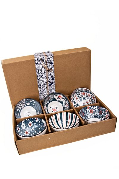 MUKKO HOME Set of 6 Patterned Porcelain Bowls 320 Ml, Soup, Breakfast, Snack Bowl Gift Boxed