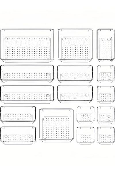 COOYA 16-Piece Organizer Set, Made of High-Quality Plastic, 5 Sizes, Stackable, For Offices, Transparent