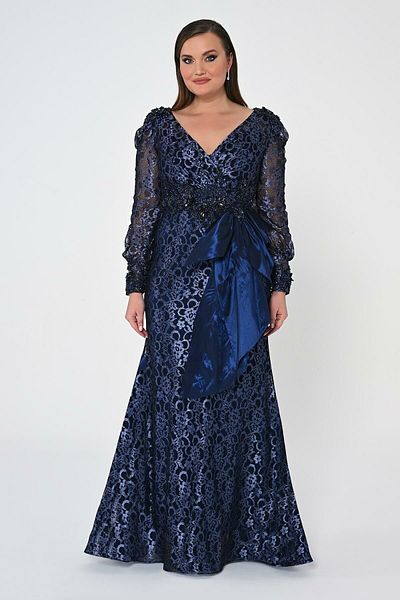 ALFABETA V-Neck Long Sleeve Waist Embroidered Bow Long Lace Dress