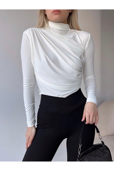 peralist Bluză albă pentru femei guler ridicat detaliu încrețit material elastic Sandy