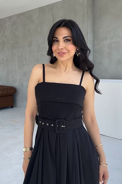 Seda Yalçın Atelier Black Wide Pleated Belted Dress