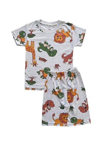 Şekerkids Boys' Cotton Gray Color Safari Patterned Short Sleeve Summer Shorts Pajama Set