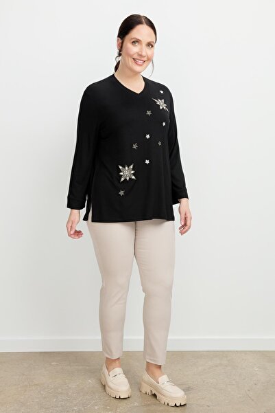 accort Büyük Beden Taşlı Yıldız Bluz-SİYAH