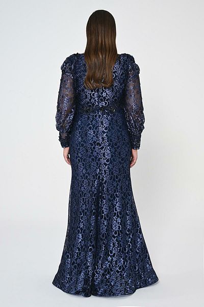 ALFABETA V-Neck Long Sleeve Waist Embroidered Bow Long Lace Dress