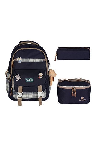 Relaxion Kore Tarzı Aksesuarlı Kaliteli 3'lü (Çanta-Beslenme-Kalemlik) Okul Ç...