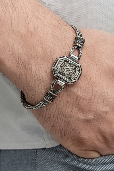 ALYANSEVİM Hz. Süleyman Mührü İşlemeli 925 Ayar Gümüş Erkek Bileklik
