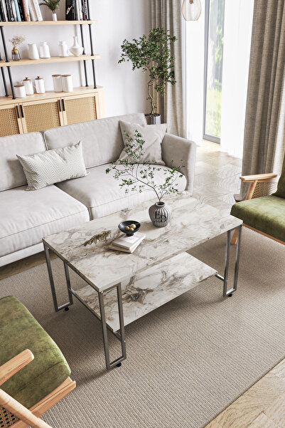 ED Efelez Design Orta Sehpa , Nury Tekerlekli Orta Sehpa Takımı , Gümüş Metal...