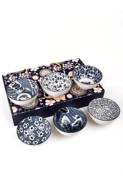 MUKKO HOME Set of 6 Patterned Porcelain Bowls 320 Ml, Soup, Breakfast, Snack Bowl Gift Boxed