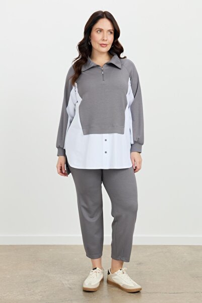 accort Büyük Beden Fermuar Yaka Sweatshirt-K.GRİ