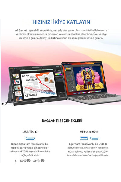 Arzopa A1 Gamut 15.6" Full HD 60Hz IPS Ultra İnce Taşınabilir Monitör