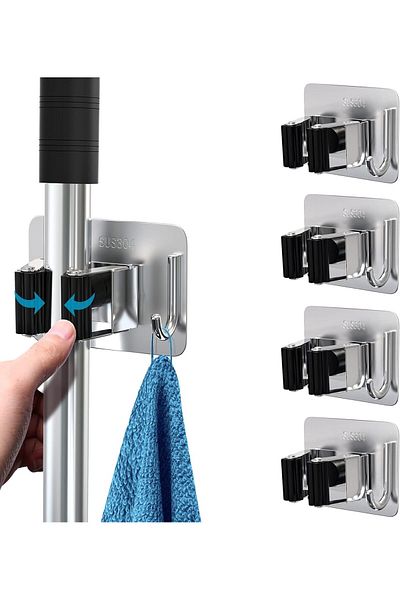 COOYA 4Pcs Mop Broom Holder, No Drill, Wall Mounted Heavy Duty with Hooks, Self Adhesive