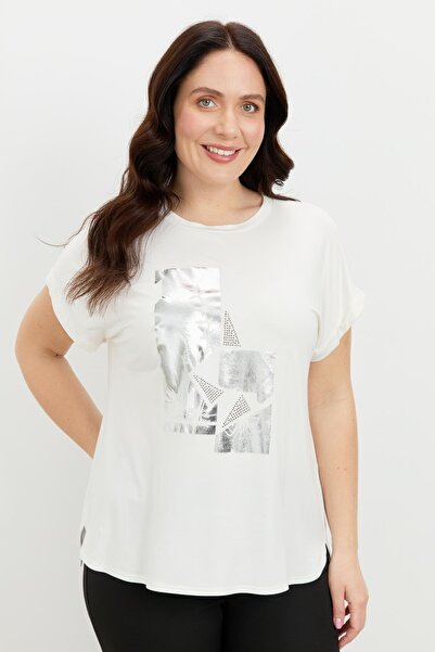 accort Büyük Beden Gümüş Baskı Bluz-KEMIK