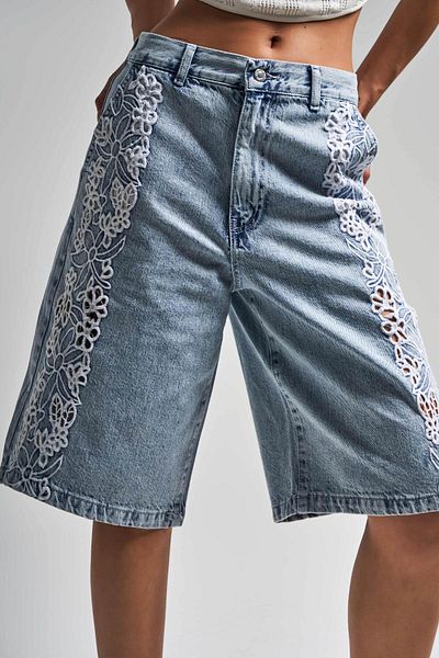 its basic Women's Snow Denim Color 3S5-3 Lace Embroidered Maxi Length Long Design Denim Bermuda Shorts