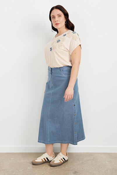 accort Büyük Beden Çıtçıt Detaylı Kot Etek-MAVİ