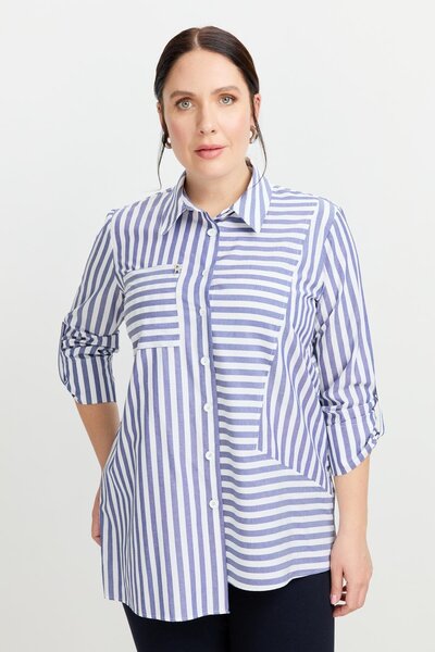 accort Büyük Beden Soyut Çizgi Gömlek-İNDİGO