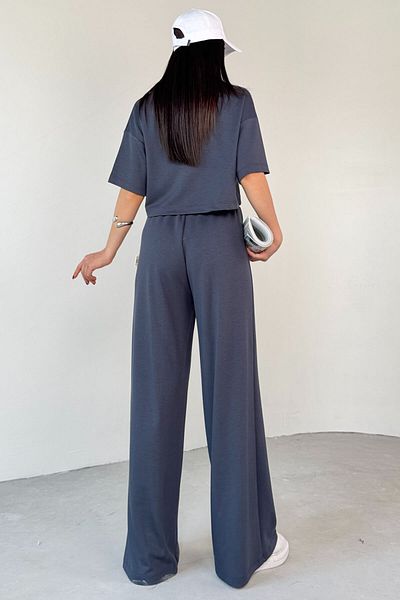 Cappmoda TKM-1112 Indigo Blue Modal υφασμάτινη μπλούζα πόλο με λαιμόκοψη με λαιμόκοψη με ελαστική μέση Palazzo κάτω διπλό κοστούμι