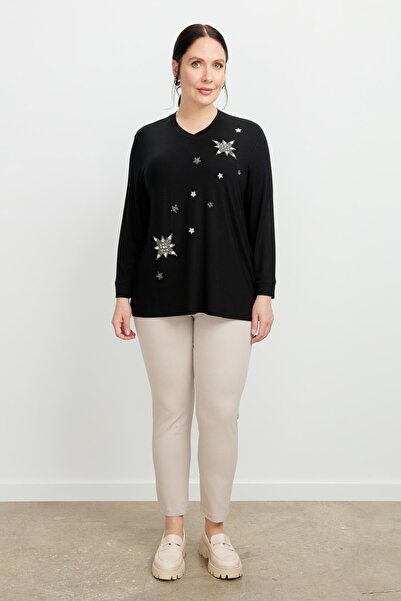 accort Büyük Beden Taşlı Yıldız Bluz-SİYAH