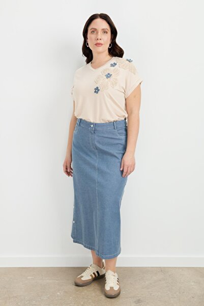 accort Büyük Beden Çıtçıt Detaylı Kot Etek-MAVİ