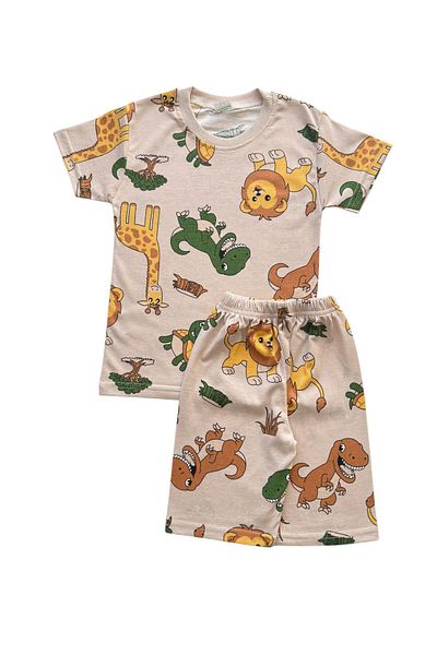 Şekerkids Boys' Cotton Beige Color Safari Patterned Short Sleeve Summer Shorts Pajama Set