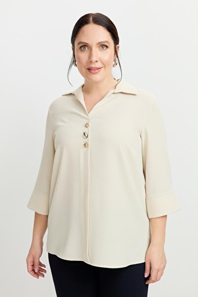 accort Büyük Beden Broş Detaylı Gömlek-KUM