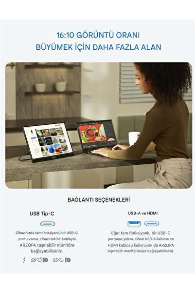 Arzopa Z1RC 16" 2.5K 60Hz IPS Parlak QHD Ekran Taşınabilir Monitör