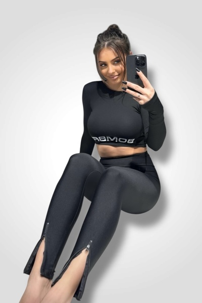 BOMBFIT Colanti Matte Side Zip Black Premium, talie inalta, de dama