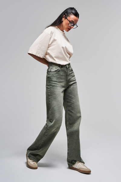 its basic Women's Stonewashed Khaki Color 2S5-15 Straight Fit High Waist 100% Cotton Inner Length 80 cm Denim Jean