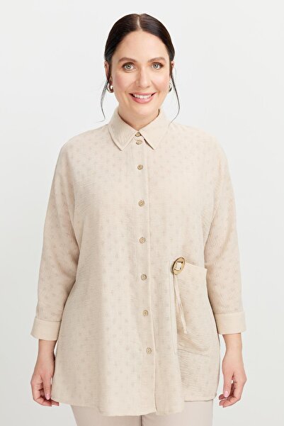 accort Büyük Beden Petek Keten Gömlek-VİZON