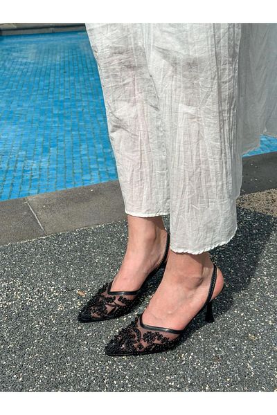 ERVANIN BUTİĞİ Black (Seal) Pearl Detail Women's Stiletto