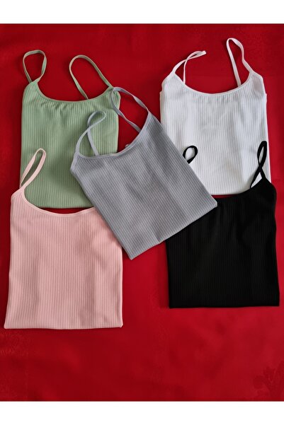 Demirsa Boutique Kadın İp Askılı 5 Adet Fitilli, Pamuklu, Likralı, Ribana Atlet Pembe, Yeşil, Mavi, Beyaz, Siyah