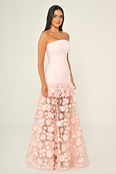 ALFABETA Women's Evening Dress Strapless Crepe Top Three-Dimensional Tulle Long Chic Dress