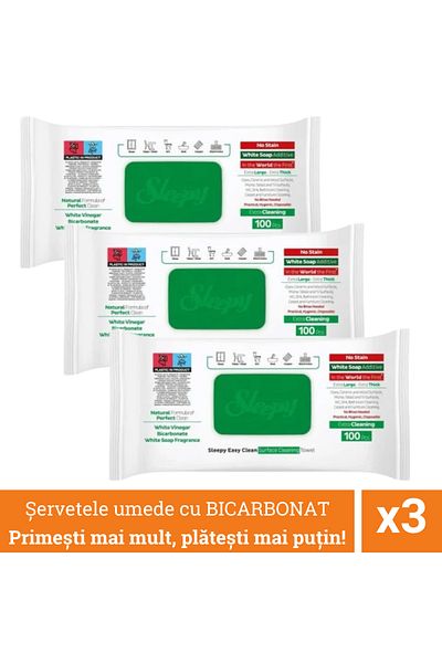 Sleepy Promo Pack 3 X Wet Wipes With Baking Soda And Vinegar, 300 Pieces, Easy Clean White Soap