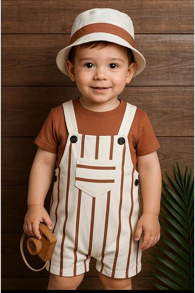 Uğur bebe 3 Piece Hat Sweatshirt Pocket Detailed Woven Short Salopet Jumpsuit