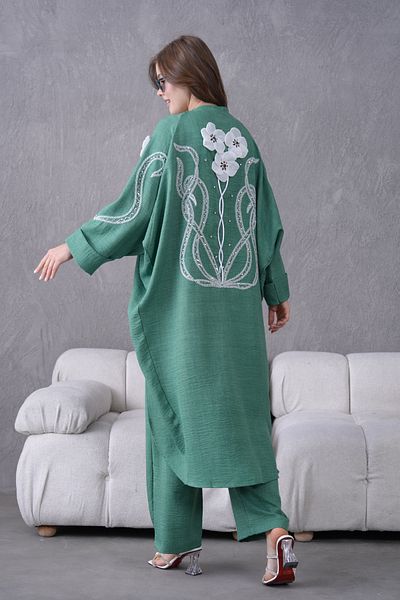 Miss Allos Women's Back and Sleeves Sequin Embroidered Flower and Stone Embroidered Linen Cardigan and Pants Bottom Top Set