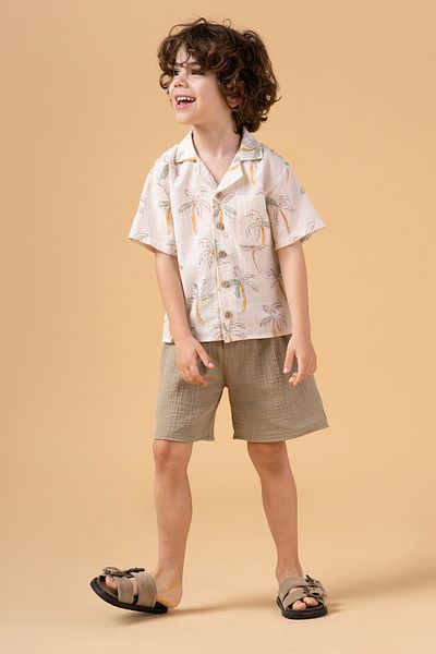 Minipodyum Boy's Printed Shirt Shorts Muslin Summer Double Set