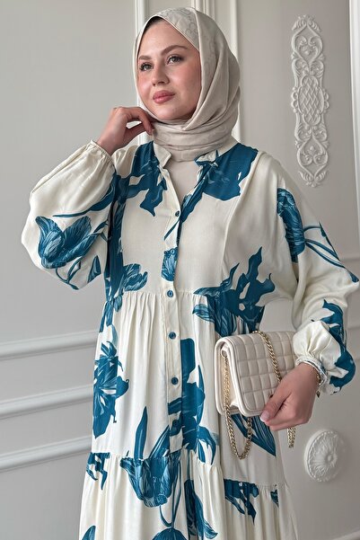 InStyle Φόρεμα με μεγάλο σχέδιο ορχιδέας τιρκουάζ βισκόζη