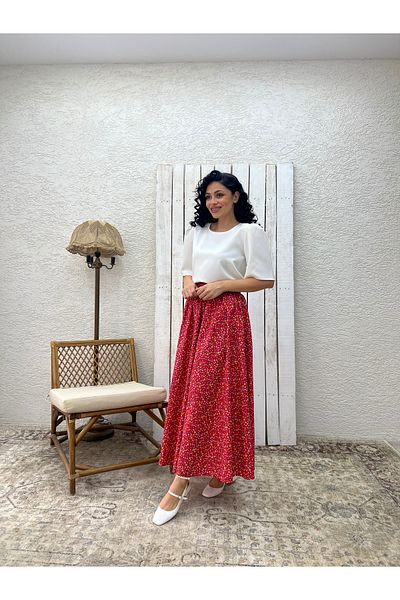 KÜÇÜĞÜM BUTİK Red Floral Poplin Flared Skirt