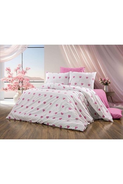 Snow Home Concept Cotton Double Duvet Cover Set with Heart