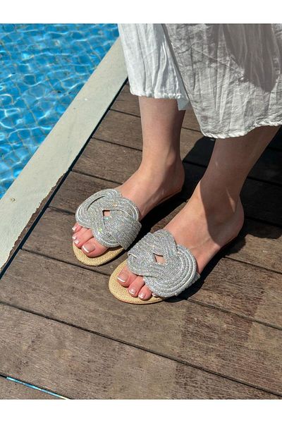 ERVANIN BUTİĞİ Wicker (Wulf) Stone Detailed Women's Slippers