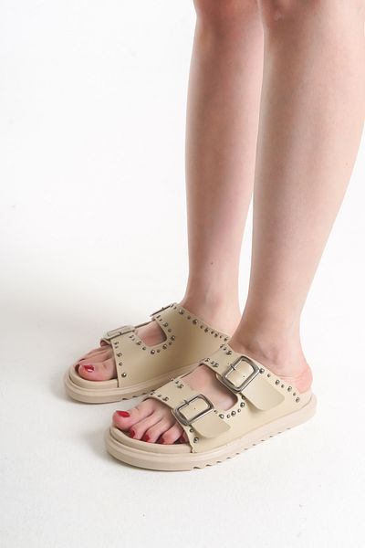 ELAIA SHOES Roxie Double Buckle Metal Detailed Women's Slippers Beige