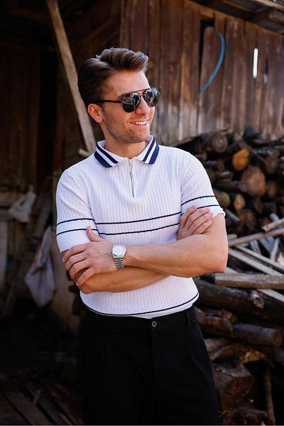 Pobudo White Color Navy Blue Striped Zipper Detailed Polo Neck Men's Knitwear T-Shirt