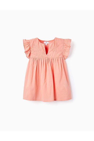 Ziddy Cotton Tunic with Embroidery and Ruffles for Girls, Coral