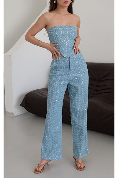Laluvia Pantaloni albaștri din denim cu paiete