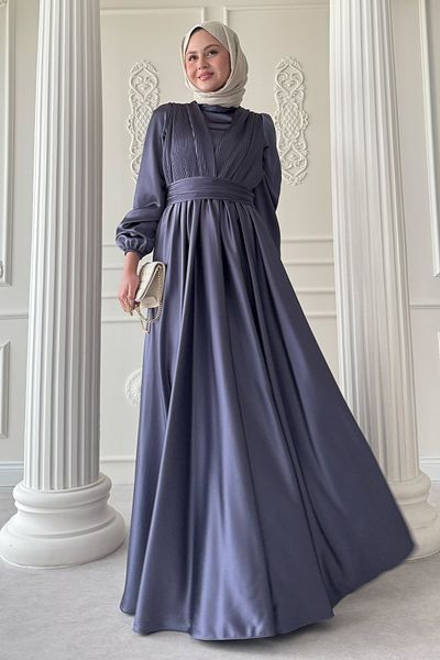 InStyle Cross Patterned Pleated Anthracite Satin Dress