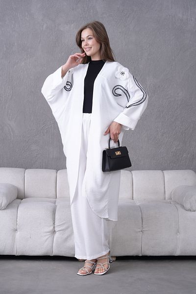 Miss Allos Women's Back and Sleeves Sequin Embroidered Flower and Stone Embroidered Linen Cardigan and Pants Bottom Top Set