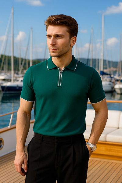 Pobudo Green Color Zipper Detailed Polo Neck Men's Knitwear T-Shirt