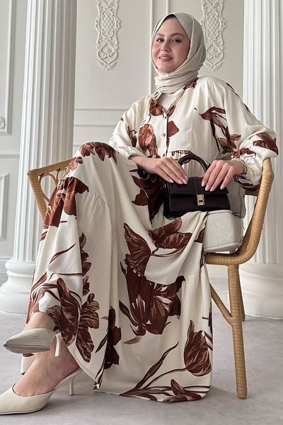 InStyle Large Orchid Pattern Brown Viscose Dress